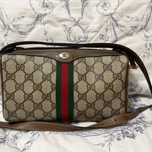 Gucci Brown/Tan Canvas Crossbody with Green & Red Center Stripe